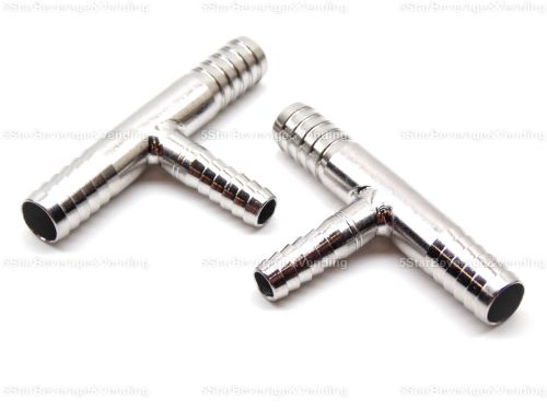 (2) food grade stainless steel 3/8&#034; x 3/8&#034; x 1/4&#034; barb t tee hose fitting splice for sale
