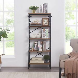 58&#034; Tall Wood 5 Shelf Bookcase Sturdy Storage Shelves Bookshelf Case