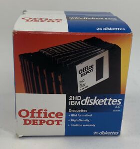 25 Office Depot 3.5&#034; 1.44MB 2HD Disks Diskettes IBM Formatted New Box Never Open