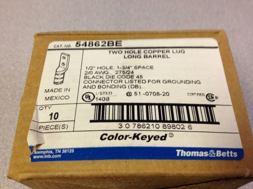 Thomas and betts 54862be ck lug 2/0 awg  1/2&#034; holes  black die code *box of 10* for sale
