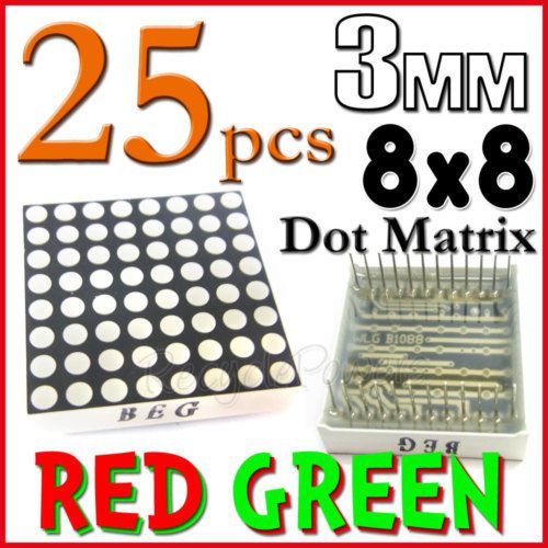 25 dot matrix led 3mm 8x8 red green common anode 24 pin 64 led displays module for sale