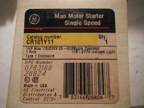 GE - MAN MOTOR STARTER - SINGLE SPEED - CR101Y11 - 1HP MAX 115/230V 1 POLE - NEW
