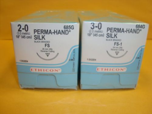 3-0 Perma-hand Silk Ethicon 684G &amp; 2-0 Ethicon 685G 1 Dozen in each Sealed Box
