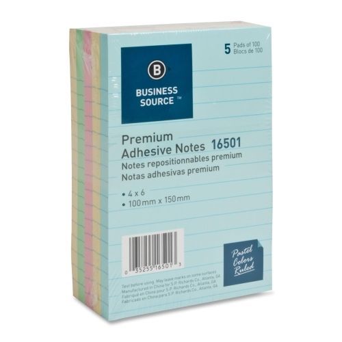 Business Source Ruled Adhesive Note -4&#034;x6&#034; -Pastel -5/Pk - BSN16501