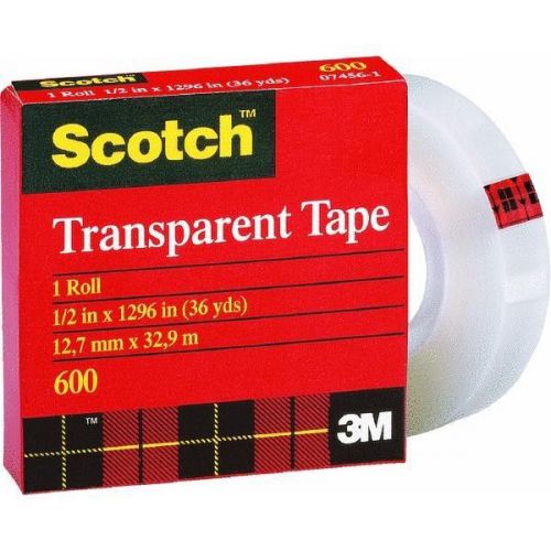 144 Pk 3M 1/2&#034; X 36 Yd Scotch Transparent Tape 1&#034; Core 600