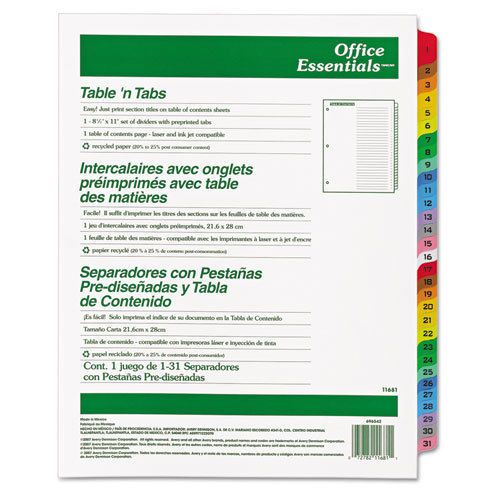 Office Essentials Table &#039;N Tabs Dividers, 31 Multicolor Tabs, 1-31, Letter, Set
