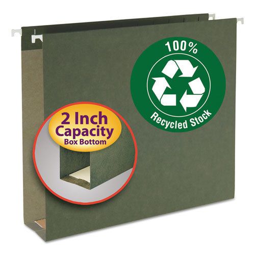 Two Inch Capacity Box Bottom Hanging File Folders, Letter, Green, 25/Box