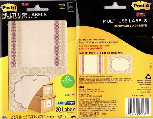 POST IT SUPER STICKY REMOVABLE ADHESIVE MULTI-USE LABELS 2 DESIGNS 6250-MD