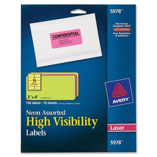 Avery Neon Rectangle Laser Label - 2&#034;Wx4&#034; L - 150/Pack- Laser -Assorted