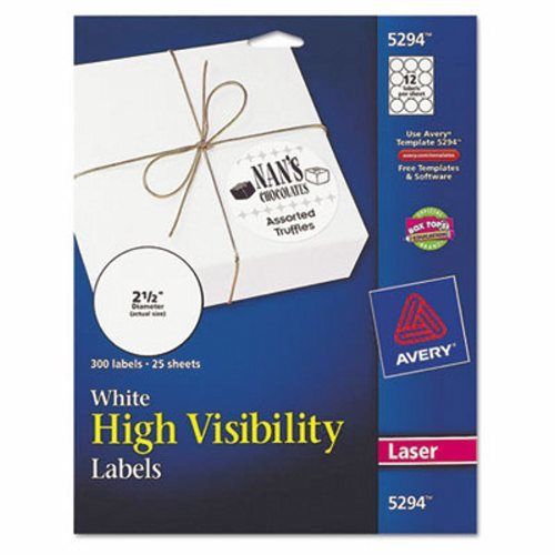 Avery High-Visibility Round Laser Labels, 2-1/2in dia, White, 300/Pack (AVE5294)
