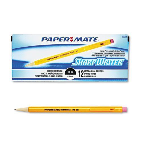 Mechanical Pencil, Twist Action Tip, 0.7mm #2 Lead, Nonrefillable, Yellow, 12/BX