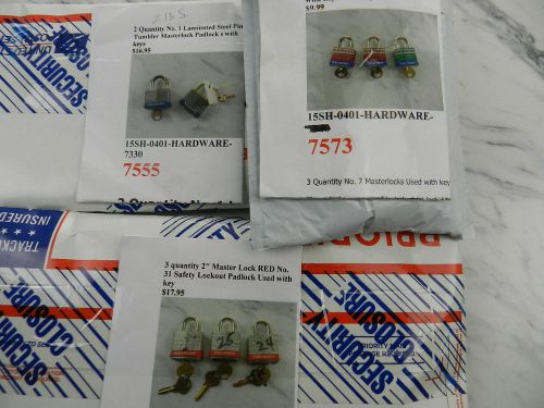 Lot 8 Masterlocks with keys working 2-No.1 blue 3-No.31 red 3-No.7 red green