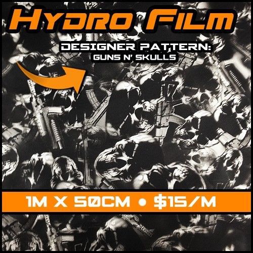 Hydrographic Water Transfer Printing Film - Gun &amp; Skulls w/ White Base