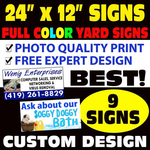 (9) CUSTOM 2-SIDED COLOR BANDIT YARD SIGNS 24x12 + STANDS &amp; FREE EXPERT DESIGN