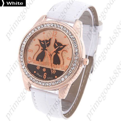 Cat Cats Rhinestones PU Leather Quartz Lady Ladies Wristwatch Women&#039;s White