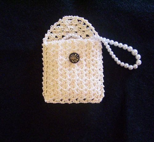 Hand Crochet Ecru with Black &amp; Gold Button Rosary Jewelry Pouch Case