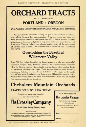 1910 ad crossley chehalem mountain orchards oregon - original advertising pm2 for sale