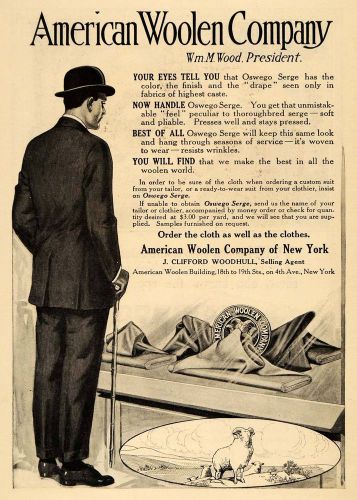 1911 Ad American Woolen Fabrics Oswego Serge Gentleman Animal Cloth Cane HM1