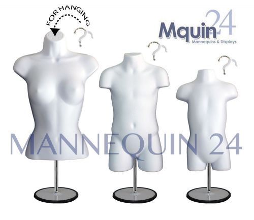 3 MANNEQUINS-FEMALE, CHILD &amp; TODDLER BODY FORMS in WHITE  +3 STANDS +3 HANGERS