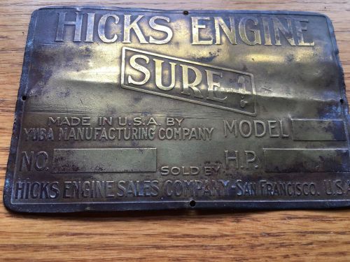 Hicks Gas Engine San Francisco CA Name Tag Brass Hit Miss Old Original Unstamped