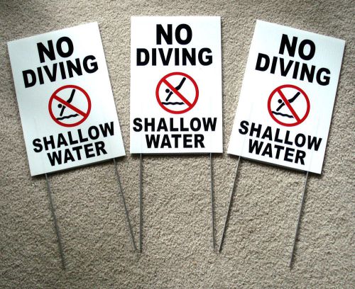 (3) NO DIVING SHALLOW WATER 8&#034; x12&#034; Plastic Coroplast Signs w/Stakes white