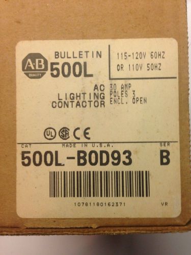 ALLEN BRADLEY CAT # 500L-B0D93  SER B LIGHTING CONTACTOR - NEW