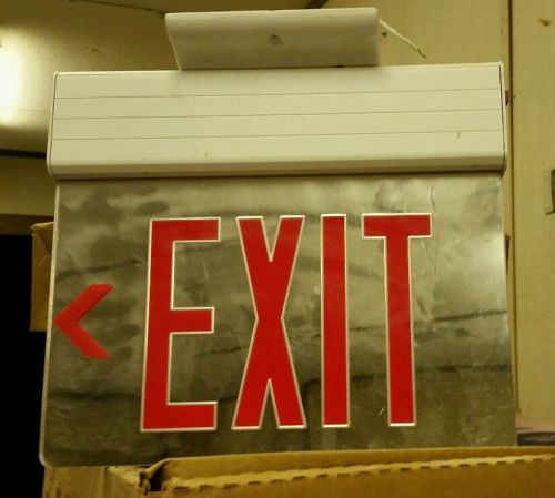 Red mirrored led emergency exit light sign ceiling edge lit battery backup alum. for sale