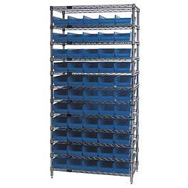 Wire shelving with (55) 4&#034;h plastic shelf bins blue, 36x14x74 for sale