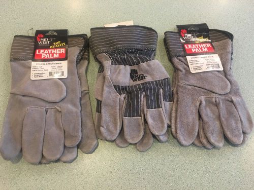 MID WEST LEATHER PALM &amp; CANVAS BACK GLOVES SIZE LARGE,  total three pair