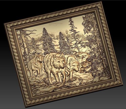 3d stl model for CNC Router mill - VECTRIC RLF ARTCAM Pano wolves in the woods