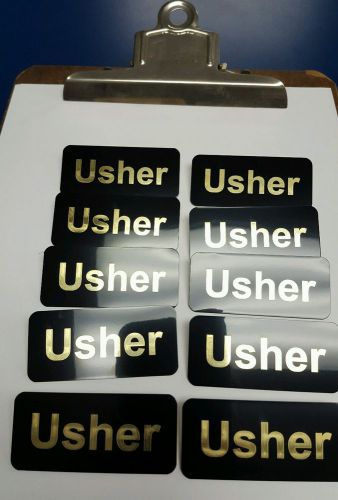 Set of 10 Black with Gold Letters Engraved Usher Badges Pin Back