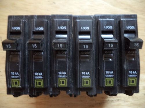 Lot of 6 SQUARE D Circuit Breakers 1 Pole 15 Amp QO115 TESTED