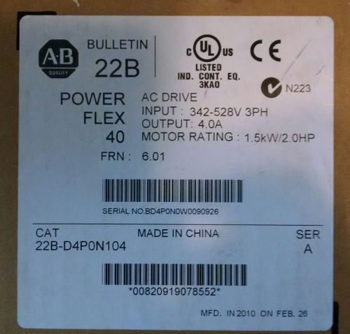 Allen Bradley PowerFlex 40 VFD 22B-D4P0N104, 480Vac, 2HP