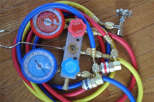 Hvac kit:manifold gauge+5ft hose set r22+car quick snap-on coupler+r134a can tap for sale