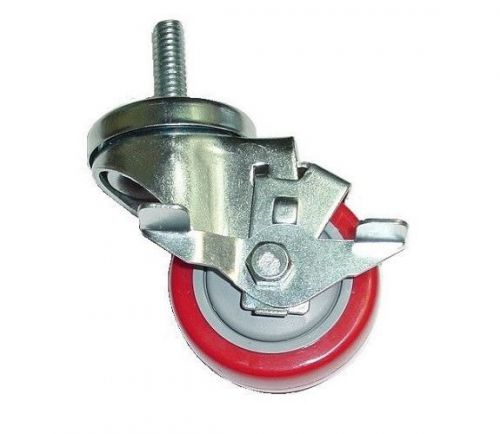Swivel stem caster w 3&#034; red polyurethane wheel &amp; 3/8&#034; threaded stem &amp; side brake for sale