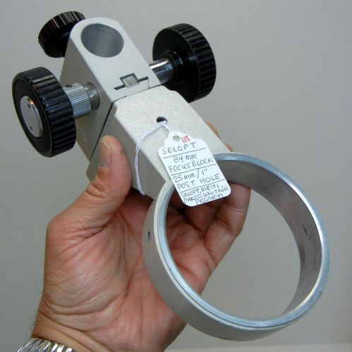 Selopt microscope focus block, 84mm holder opening, 25mm post opening good #113 for sale