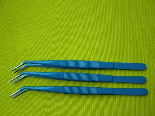 Qty 3Pieces-College Dental Tweezer 6&#034; Angled(Blue Coated),Ear Forceps Veterinary