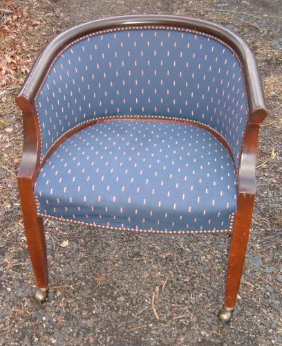 Blue upholstered Office side chair with rollers &amp; wood trim, beautiful