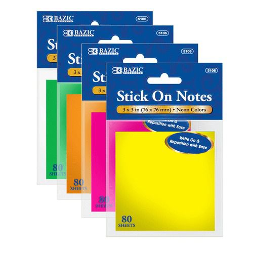 BAZIC 80 Ct. 3&#034; X 3&#034; Neon Stick On Notes, Case of 24