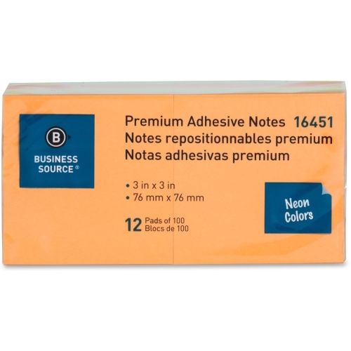 Business Source Adhesive Note Pad  - 3&#034;x3&#034; -Neon - 12/Pack - BSN16451
