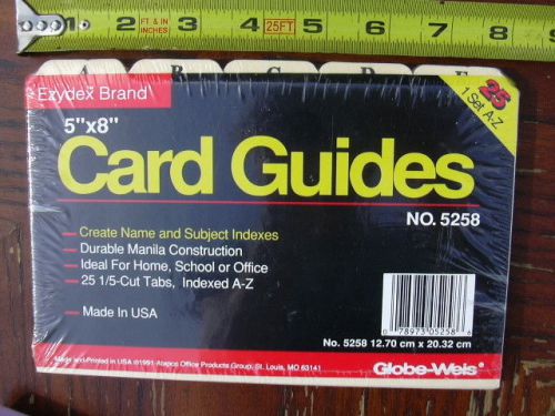 EZYDEX BRAND 5 X 8 CARD GUIDES GLOBE-WEIS 25 1/5 CUT TABS INDEXED A-Z ATAPCO