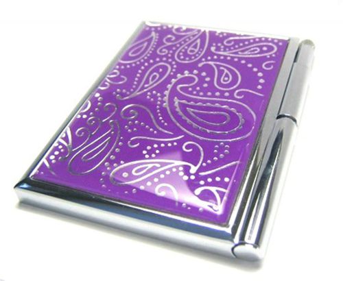 Silver &amp; Purple Paisley Memo Book NOTEPAD CASE w/Pen