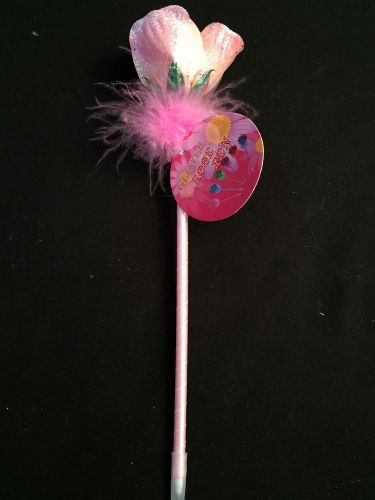 Pink Glitter Rose Ball Point Ink Pen Valentines Gift Trinket Silk Flower Toy