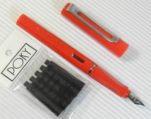 JINHAO 599B Fountain pen RED plastic barrel +5 POKY cartridges BLACK ink
