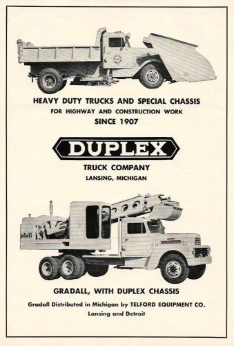 1952 DUPLEX Trucks ad, with snowplow and Gradall excavator