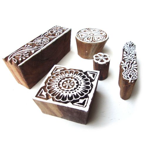 Assorted hand carved wooden floral design block printing tags (set of 5) for sale