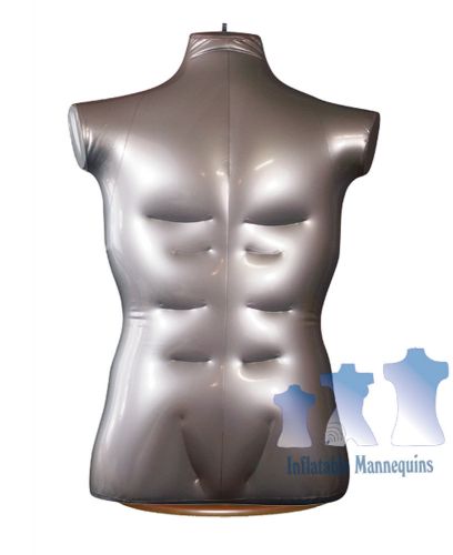 Inflatable male torso large, silver and wood table top stand, brown for sale