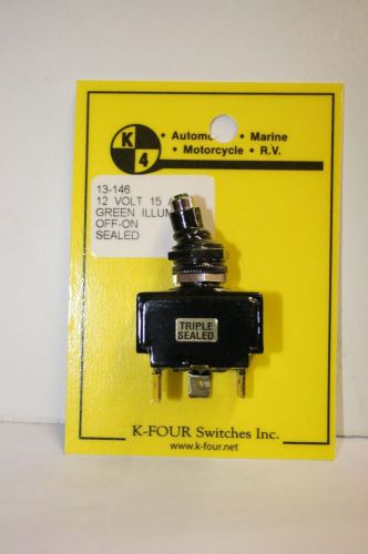 K-FOUR OFF-ON TRIPLE SEALED GREEN INC LAMP LIGHTED TIP SWITCH-12VDC-15A (13-146)