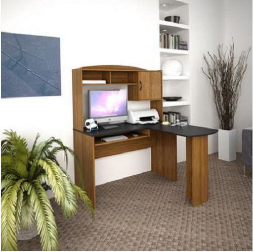 Corner L Shaped Office Desk with Hutch, Black and Alder