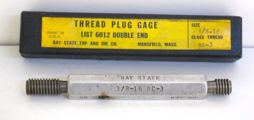 Bay State Thread Plug Gage Double End 3/8-16 NC-3 Go PD .3344 Not Go PD .3376